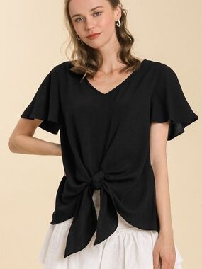 Umgee Black V-Neck Tie-Front Flutter Sleeve Top